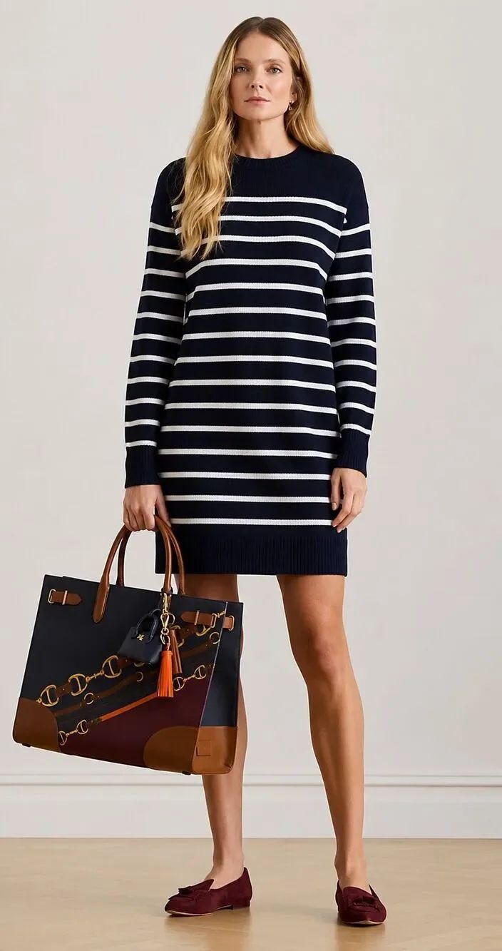 Ralph Lauren Navy & Cream Striped Wool Knit Sweater dress A46